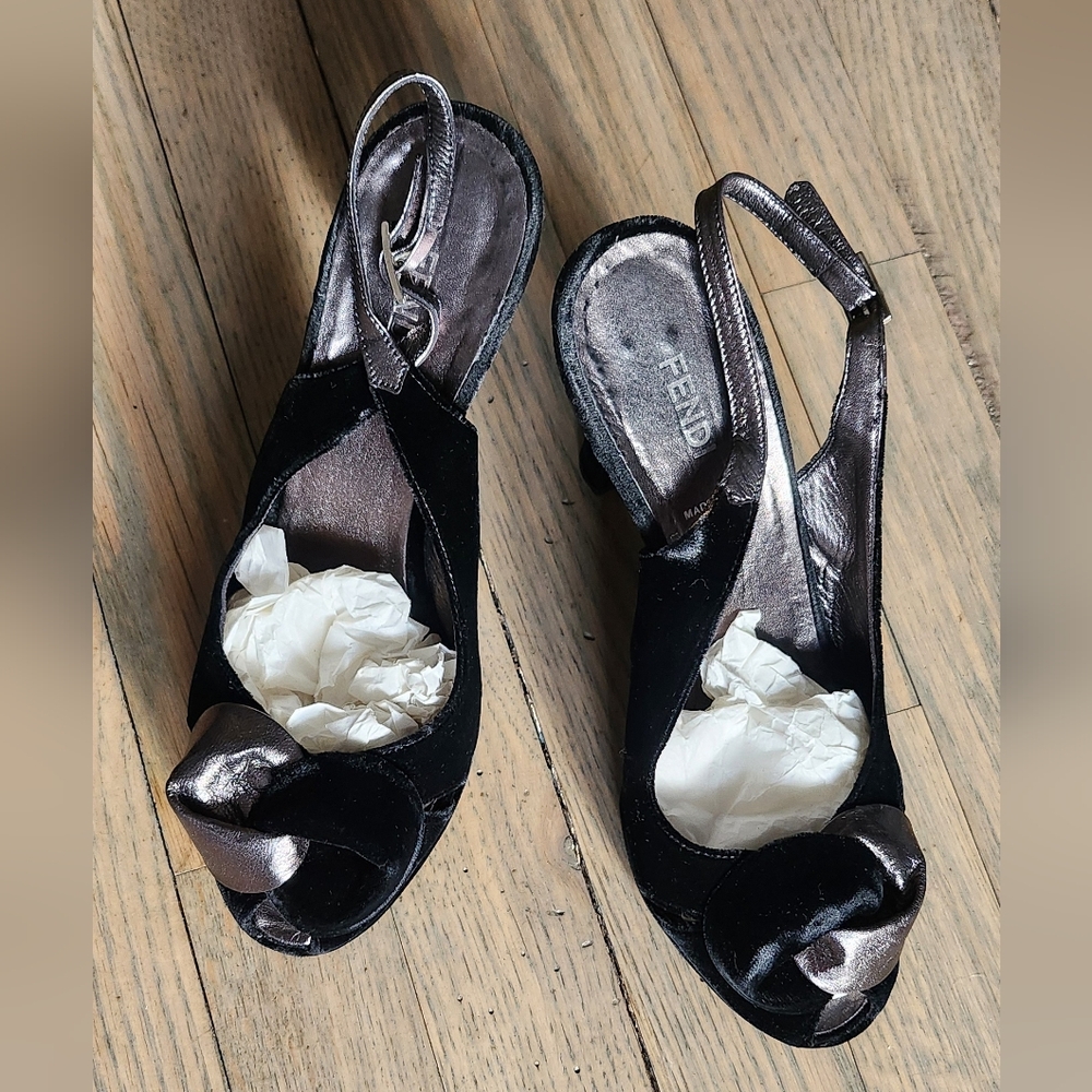 FENDI Black Velour slingback Heels size 37.5 (US Size 7.5)